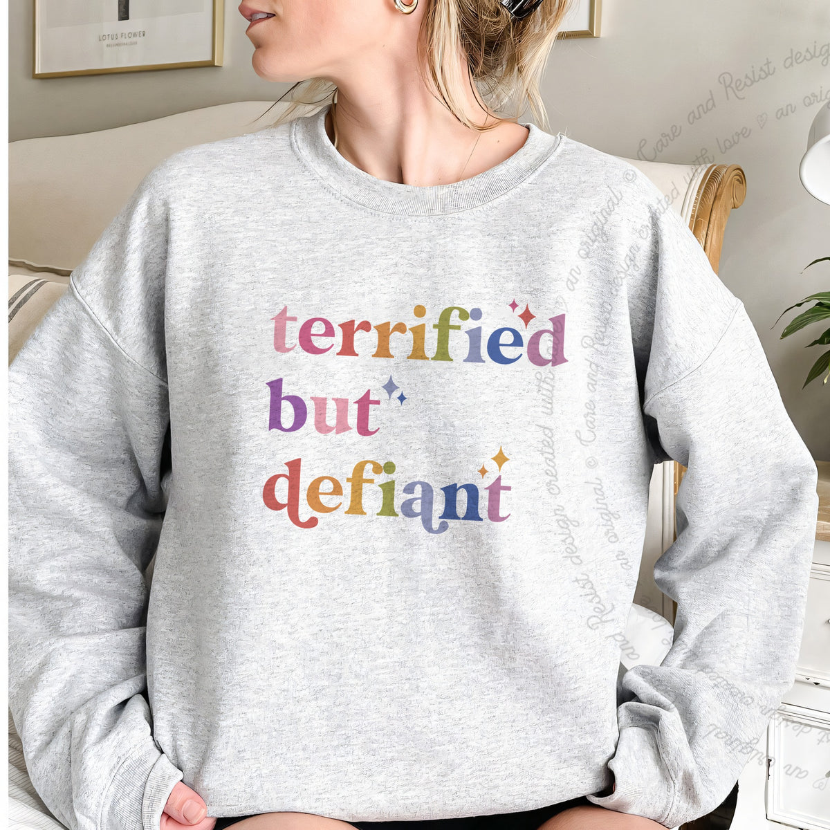 Terrified but Defiant Care & Resist Gildan crewneck sweatshirt in Sport Grey