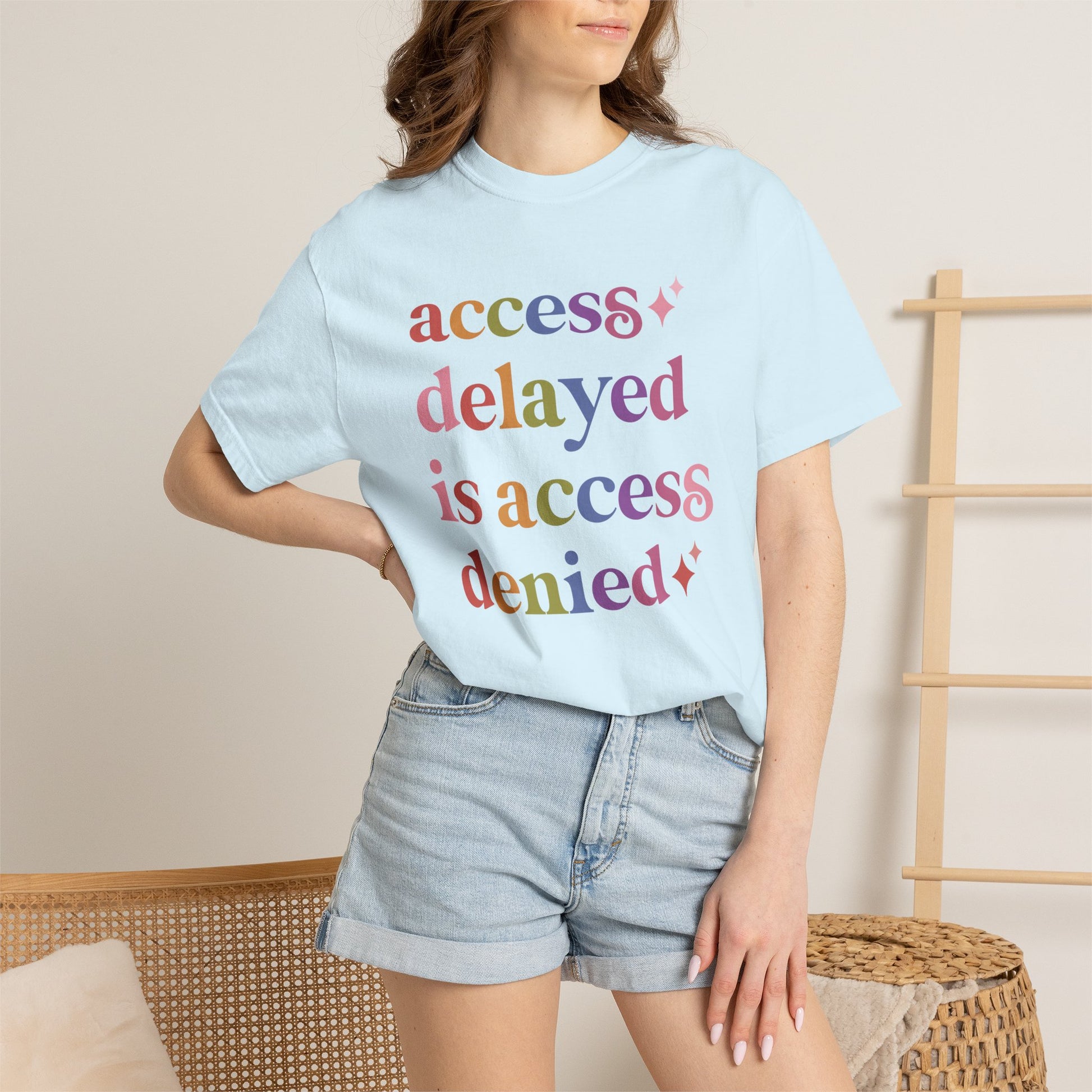 Access Delayed is Access Denied Care & Resist rainbow Comfort Colors tee