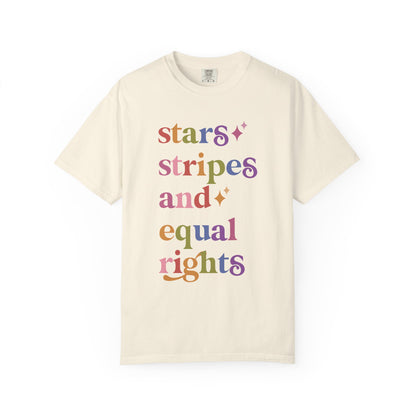 Stars Stripes and Equal Rights Care & Resist rainbow Comfort Colors tee