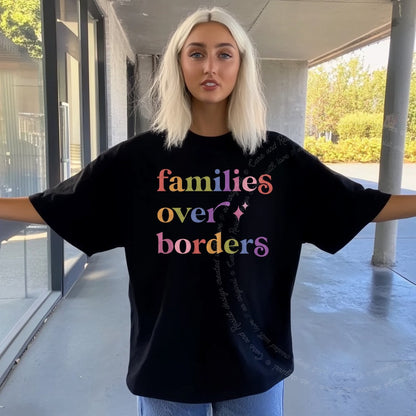 Families Over Borders Care & Resist rainbow Comfort Colors tee, Black