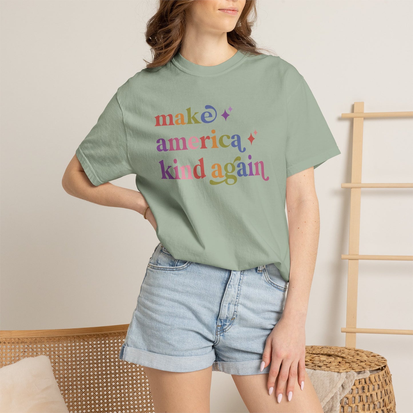 Make America Kind Again Care & Resist rainbow Comfort Colors tee