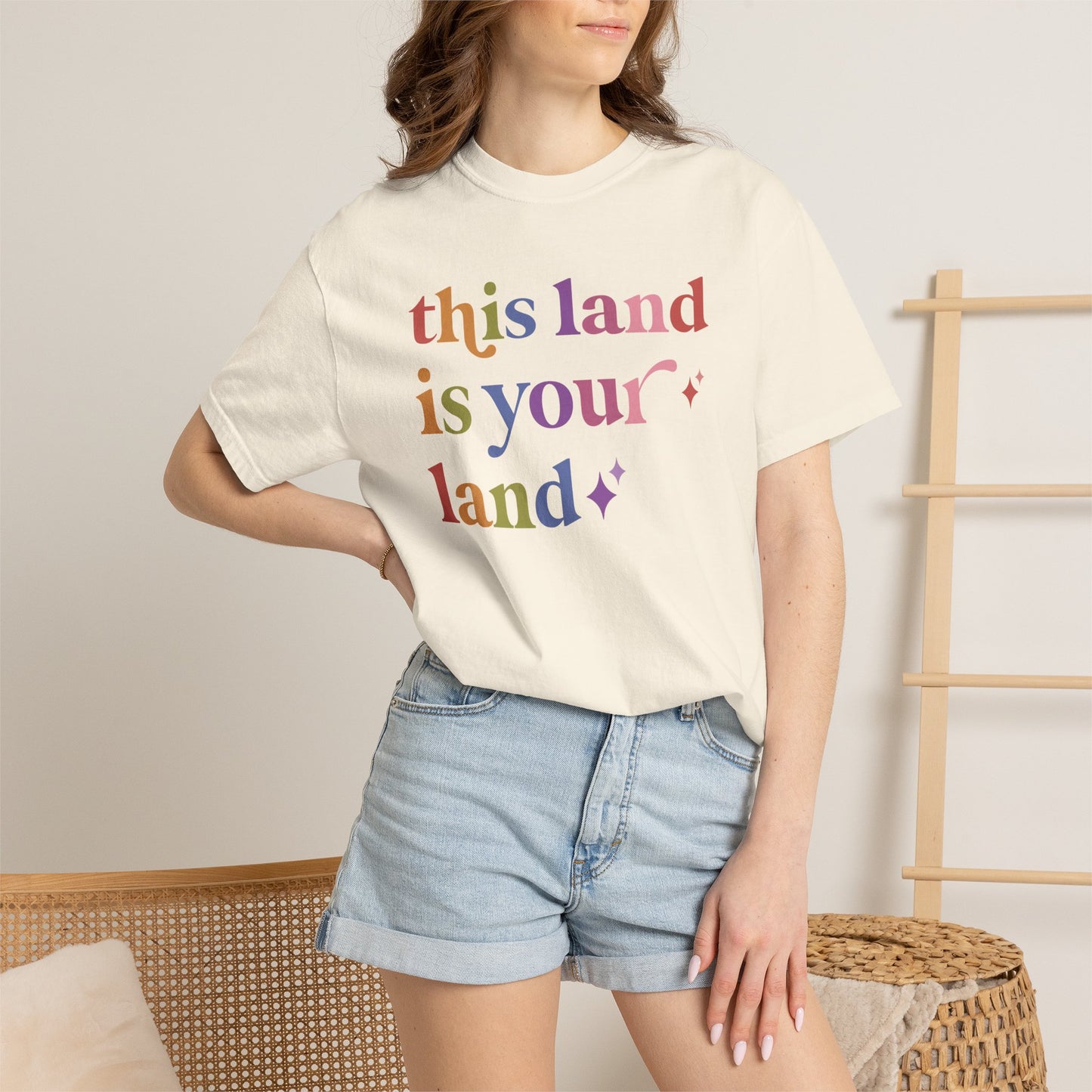 This Land is Your Land Care & Resist rainbow Comfort Colors tee