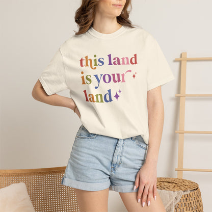 This Land is Your Land Care & Resist rainbow Comfort Colors tee