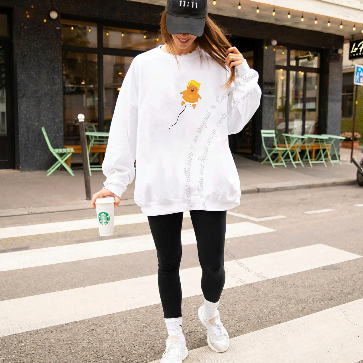 Trump Baby Blimp Care & Resist Gildan crewneck sweatshirt in White