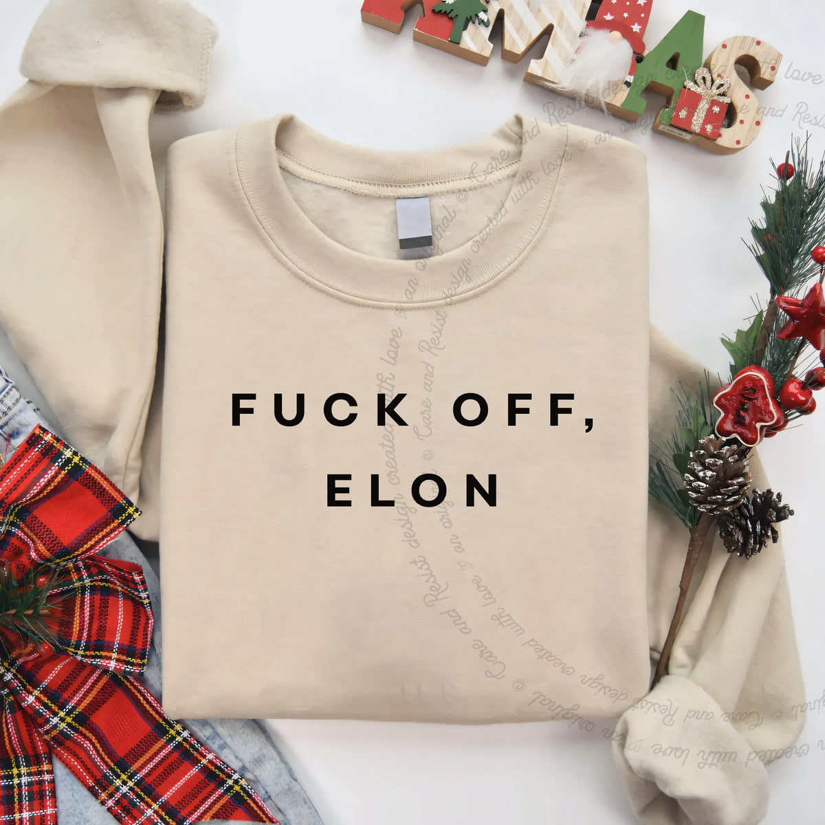 Fuck Off, Elon Care & Resist Gildan crewneck sweatshirt in Sand