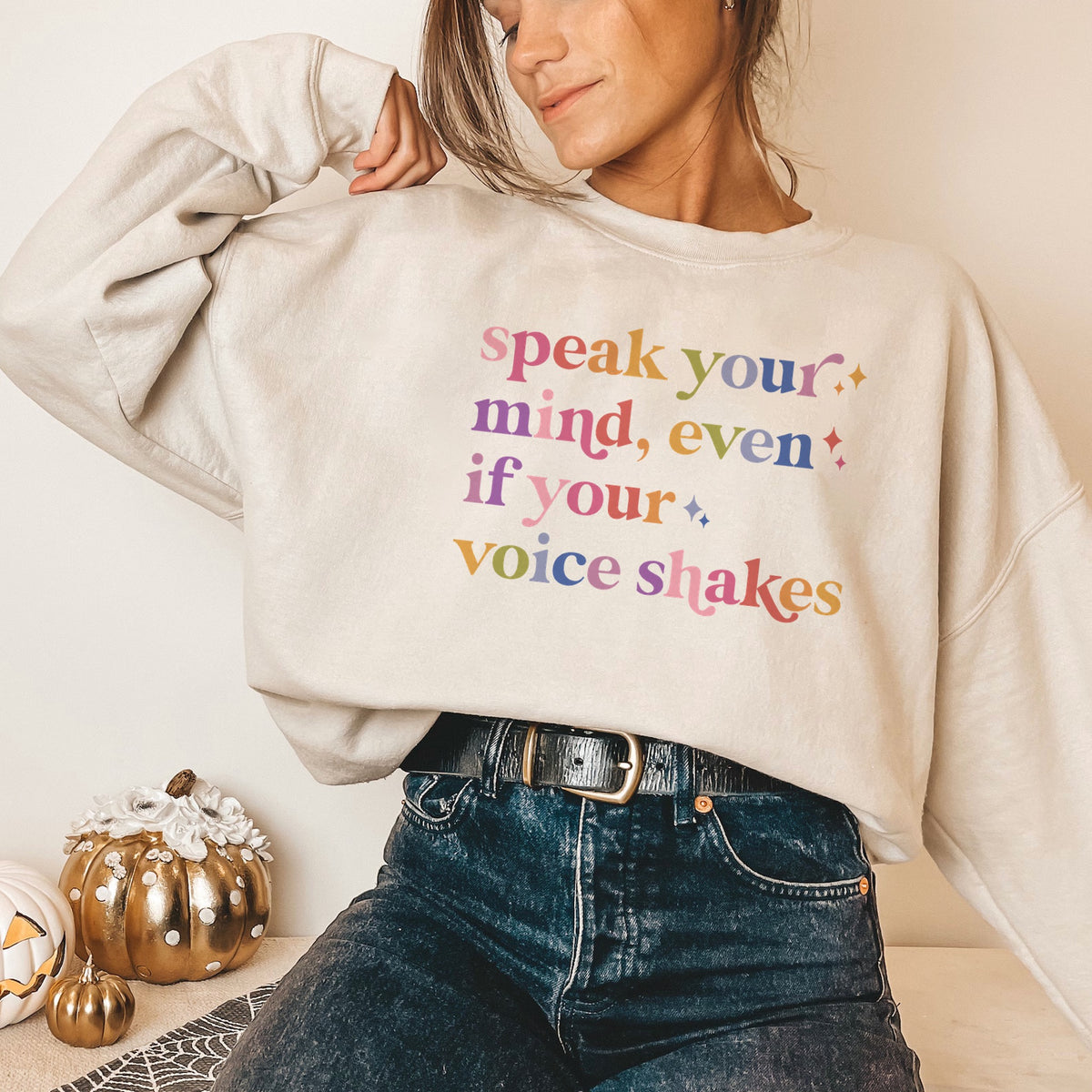 Speak Your Mind Care & Resist Gildan crewneck sweatshirt in Sand