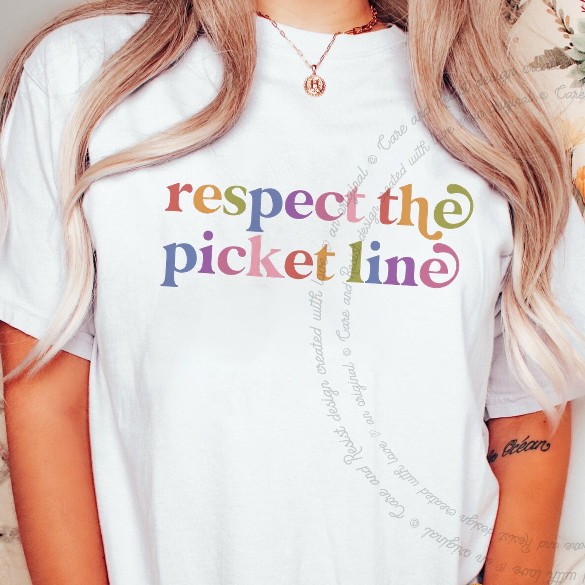 Respect the Picket Line Care & Resist rainbow Comfort Colors tee, White