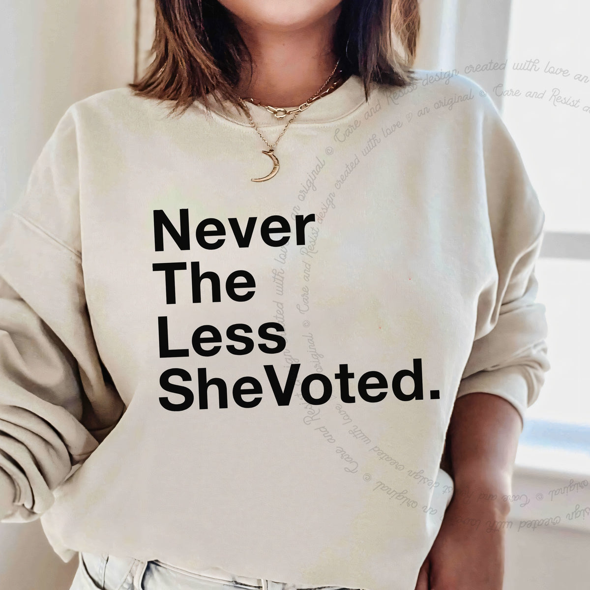 Nevertheless She Voted Care & Resist Gildan crewneck sweatshirt in Sand