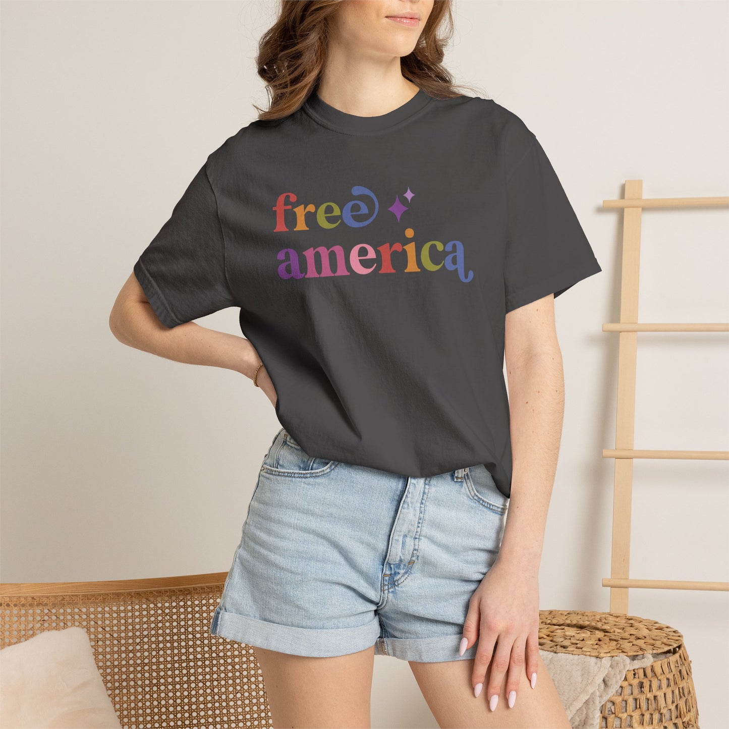 Free America Care & Resist rainbow Comfort Colors tee