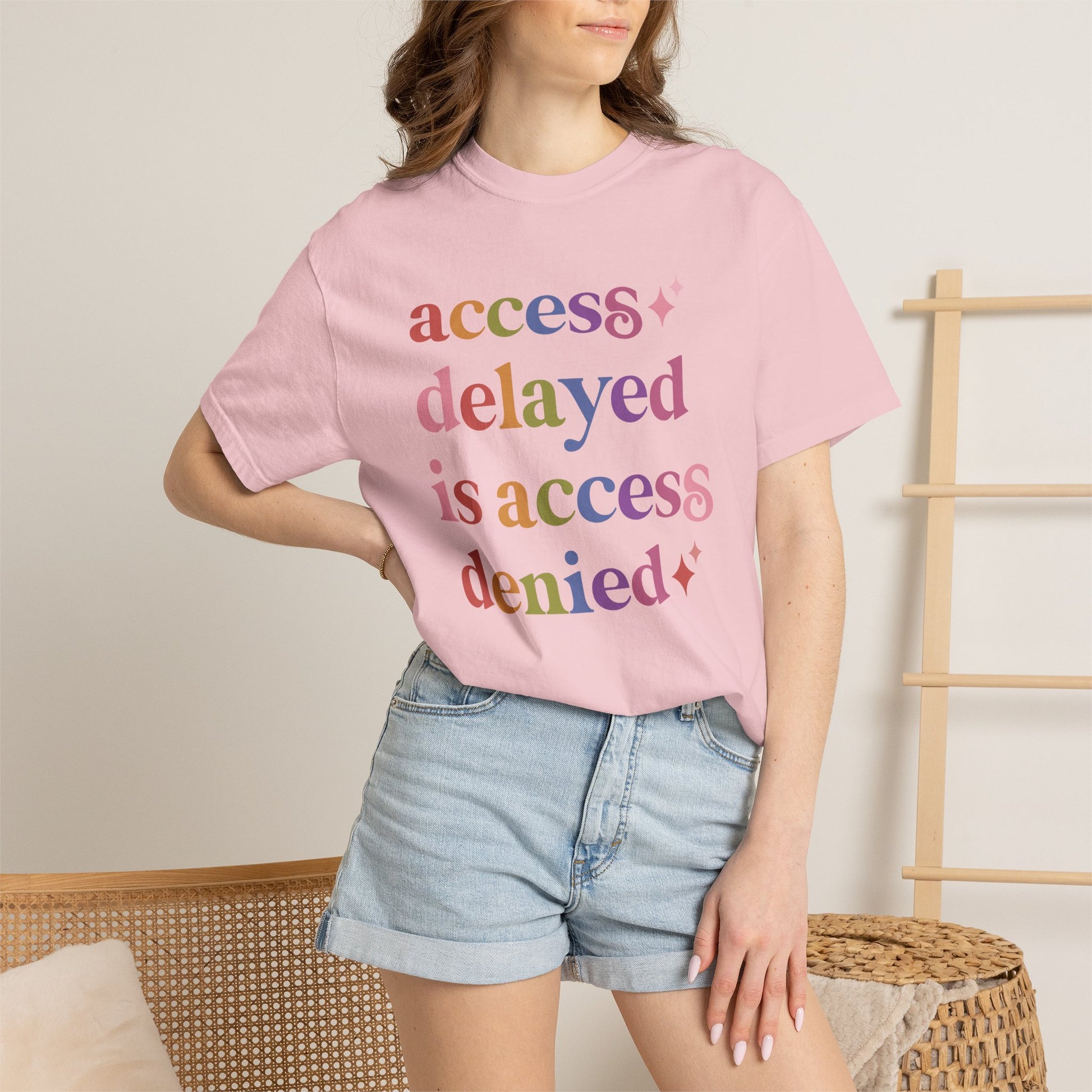 Access Delayed is Access Denied Care & Resist rainbow Comfort Colors tee