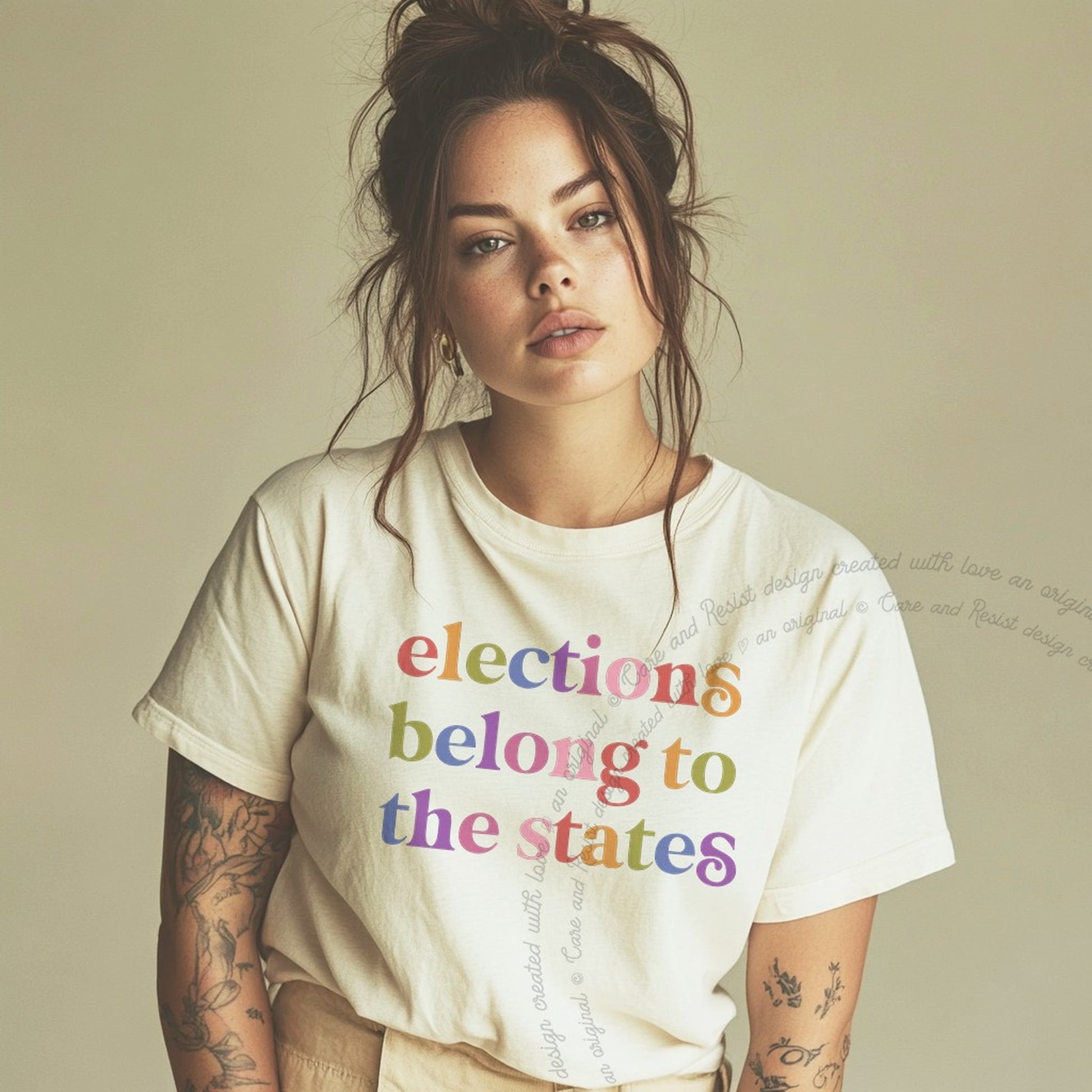 Elections Belong to the States Care & Resist rainbow Comfort Colors tee, Ivory