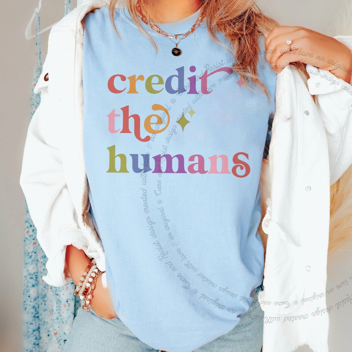 Credit the Humans Care & Resist rainbow Comfort Colors tee, Chambray