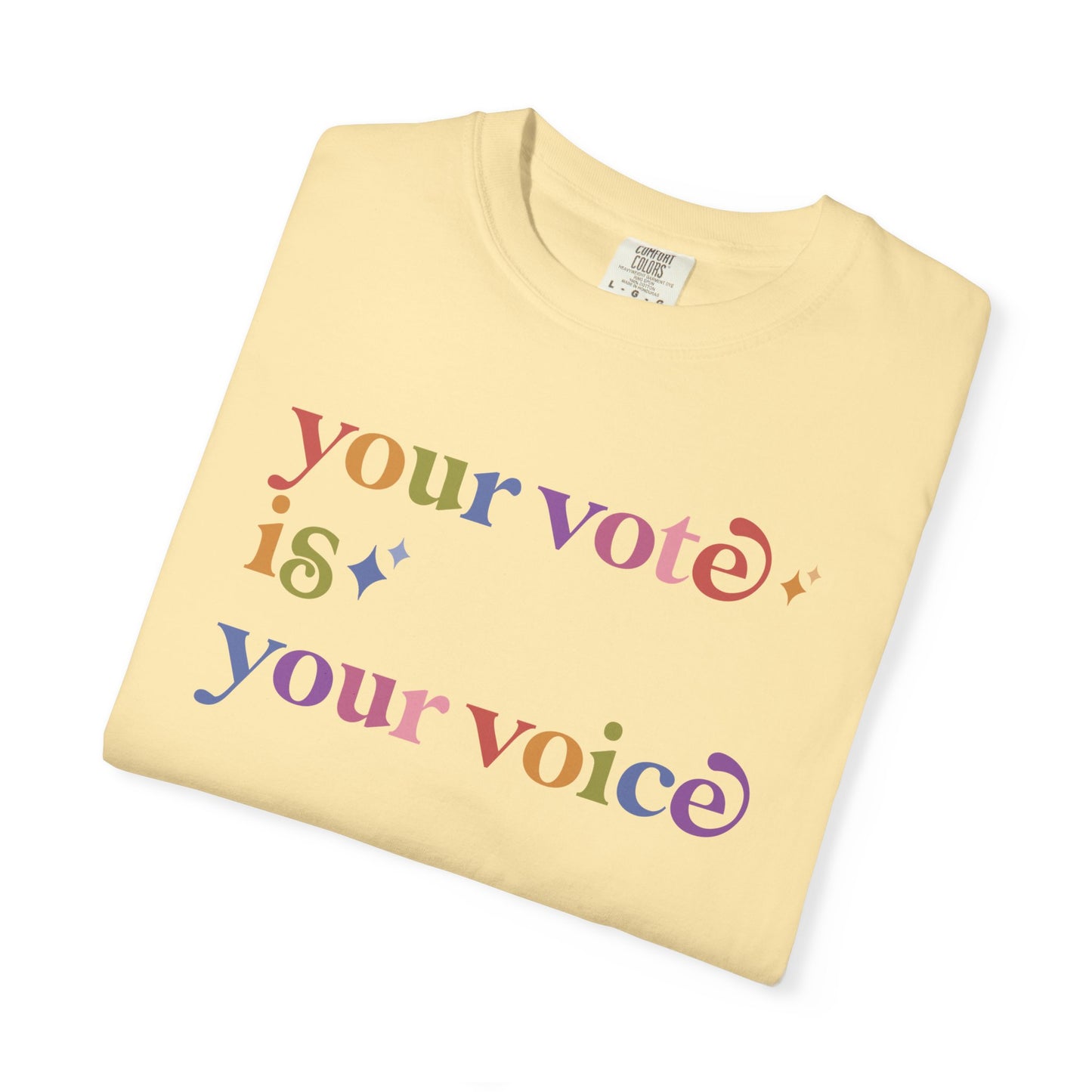 Your Vote is Your Voice Care & Resist rainbow Comfort Colors tee