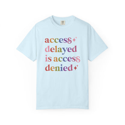 Access Delayed is Access Denied Care & Resist rainbow Comfort Colors tee