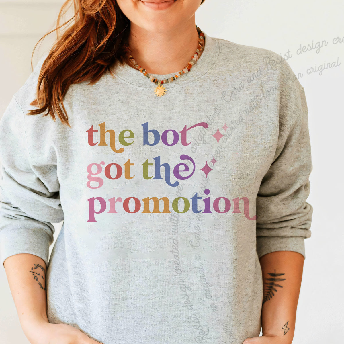 The Bot Got the Promotion Care & Resist Gildan crewneck sweatshirt in Sport Grey