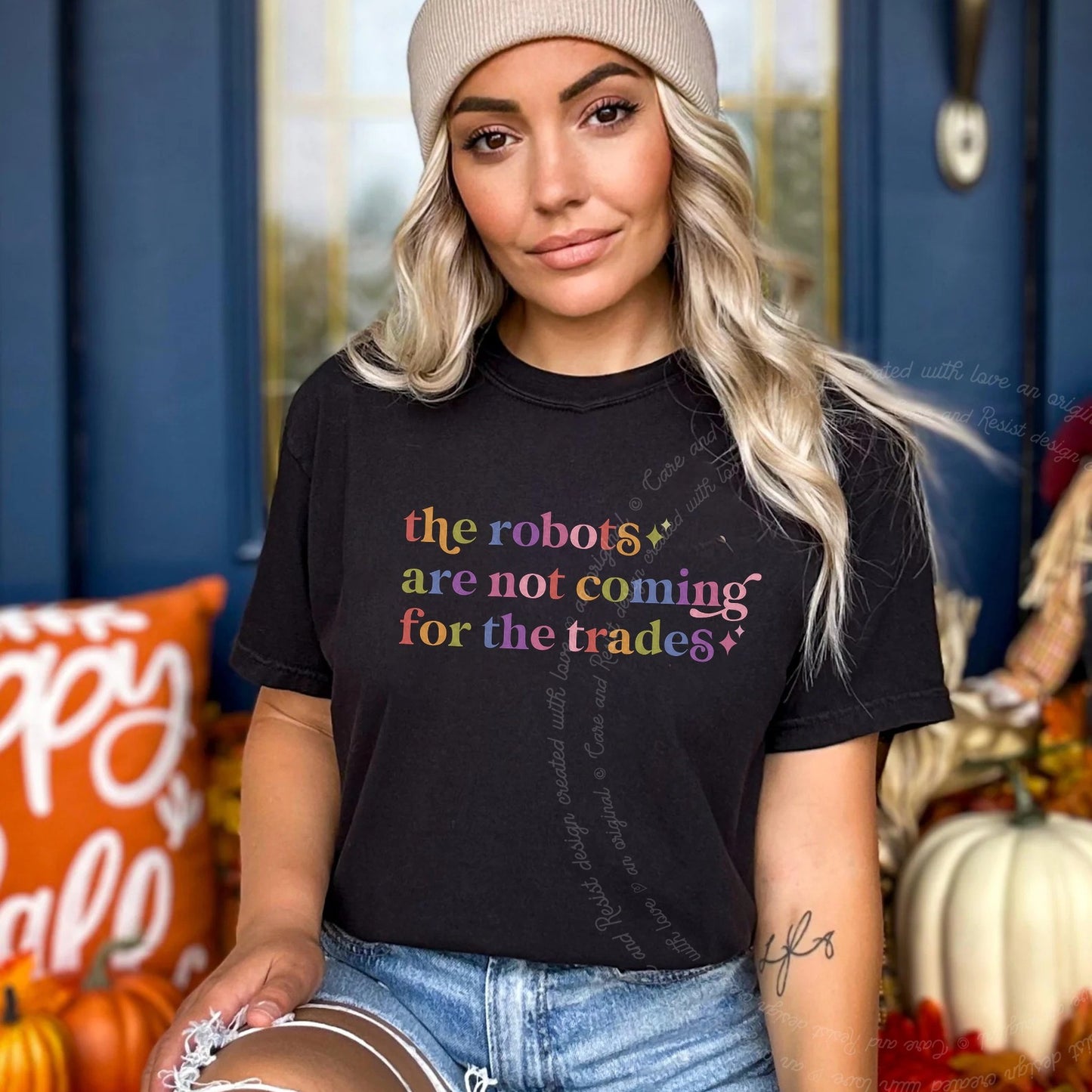 The Robots are not Coming for the Trades Care & Resist rainbow Comfort Colors tee, Black