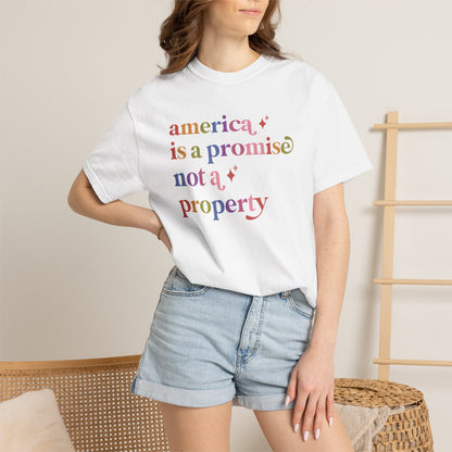 America is a Promise not a Property Care & Resist rainbow Comfort Colors tee