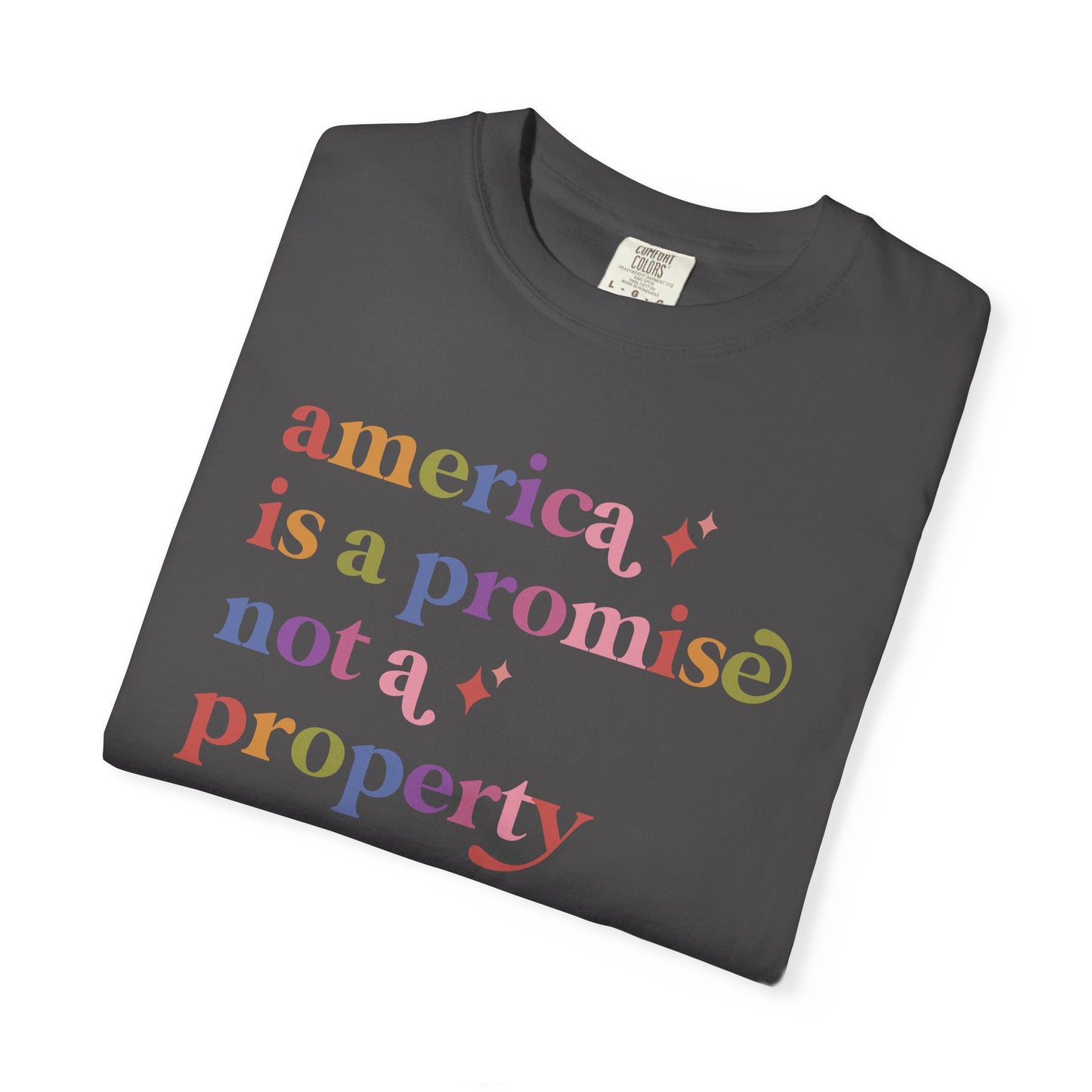America is a Promise not a Property Care & Resist rainbow Comfort Colors tee
