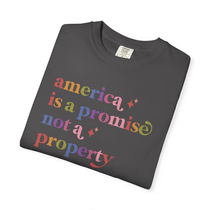America is a Promise not a Property Care & Resist rainbow Comfort Colors tee