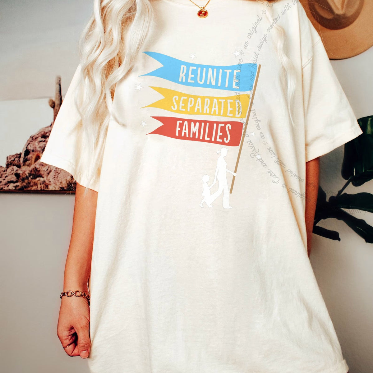 Reunite Separated Families Flags Care & Resist progressive t-shirt in Ivory