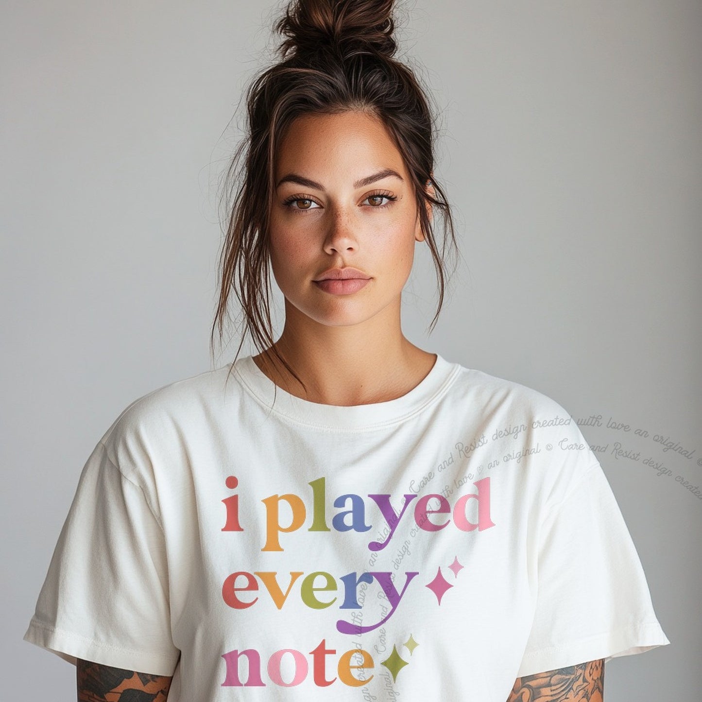 I Played Every Note Care & Resist rainbow Comfort Colors tee, White
