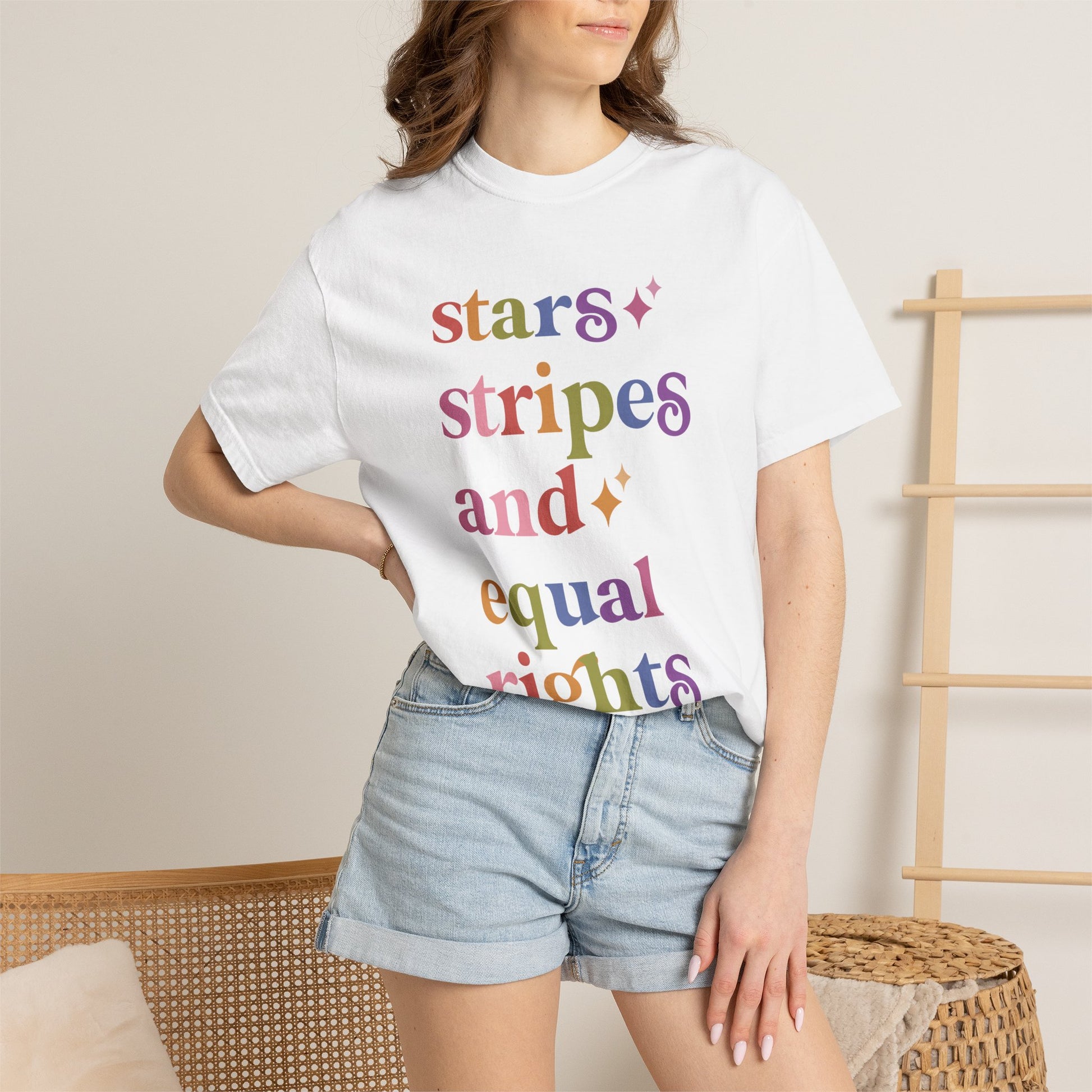 Stars Stripes and Equal Rights Care & Resist rainbow Comfort Colors tee