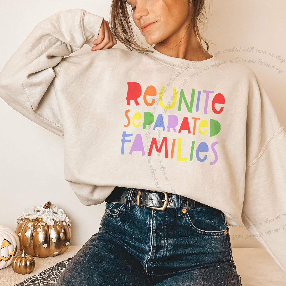 Reunite Separated Families Care & Resist Gildan crewneck sweatshirt in Sand