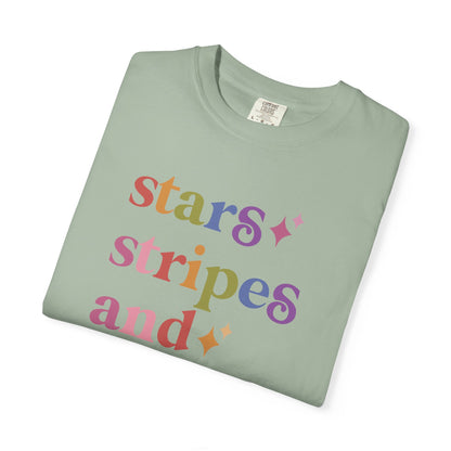 Stars Stripes and Equal Rights Care & Resist rainbow Comfort Colors tee