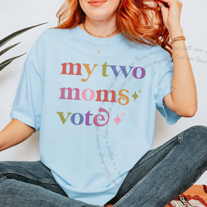 My Two Moms Vote Care & Resist progressive t-shirt in Chambray