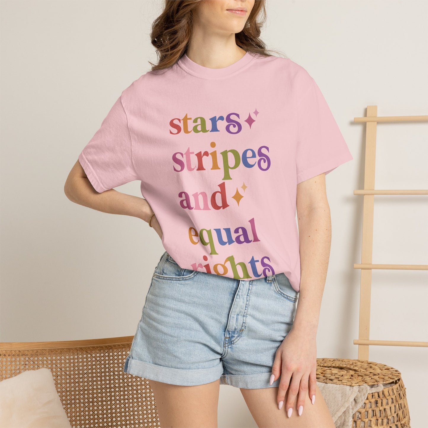 Stars Stripes and Equal Rights Care & Resist rainbow Comfort Colors tee
