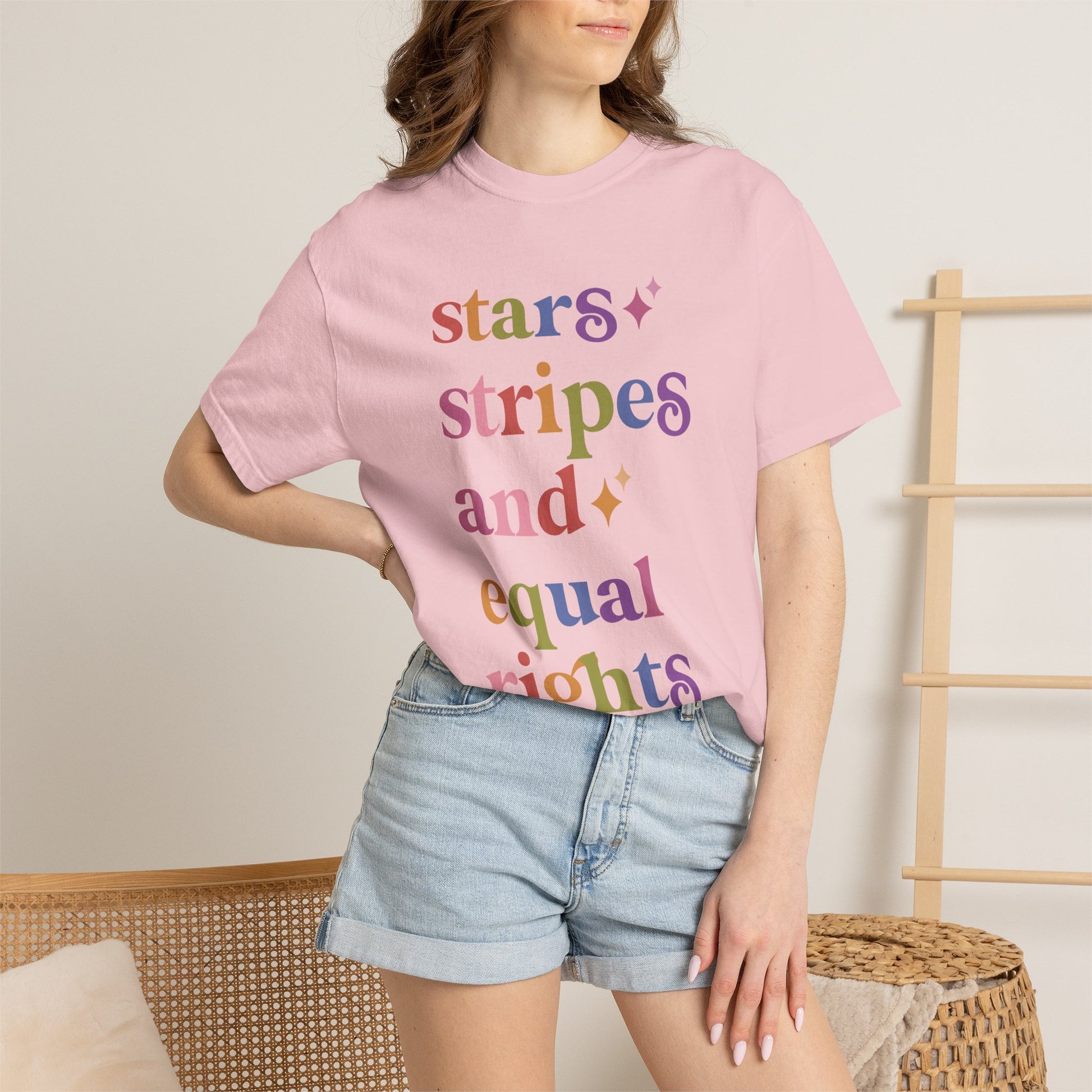 Stars Stripes and Equal Rights Care & Resist rainbow Comfort Colors tee