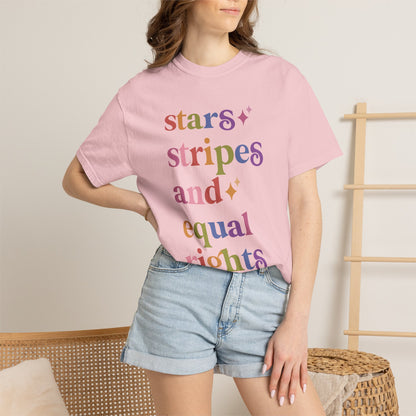Stars Stripes and Equal Rights Care & Resist rainbow Comfort Colors tee