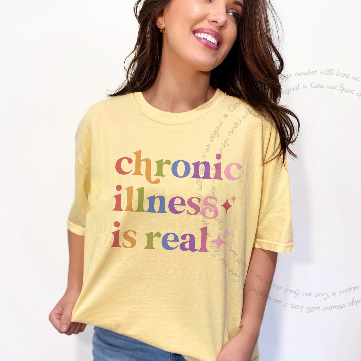 Chronic Illness is Real Care & Resist rainbow Comfort Colors tee, Banana
