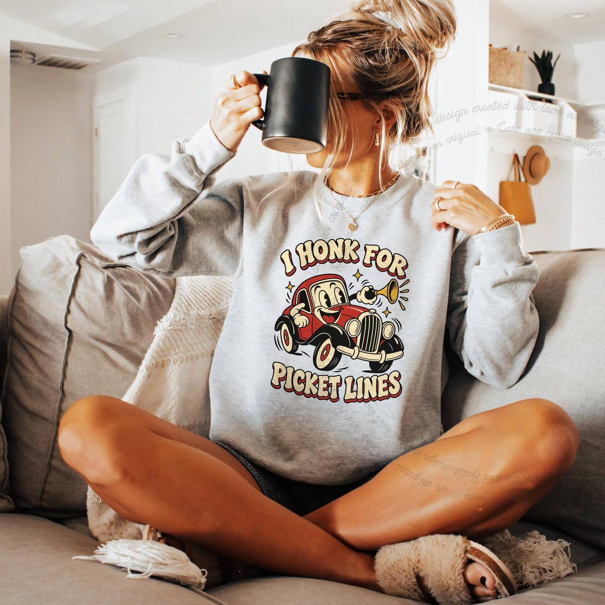 I Honk for Picket Lines Cartoon Care & Resist Gildan crewneck sweatshirt in Sport Grey