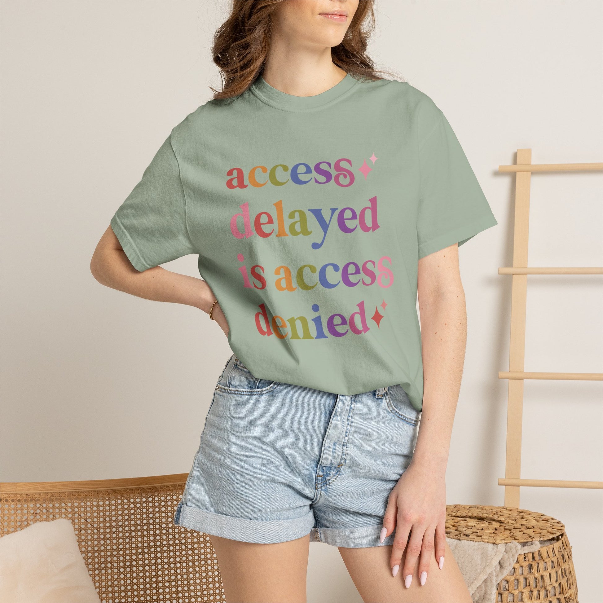 Access Delayed is Access Denied Care & Resist rainbow Comfort Colors tee