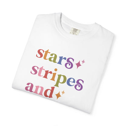 Stars Stripes and Equal Rights Care & Resist rainbow Comfort Colors tee