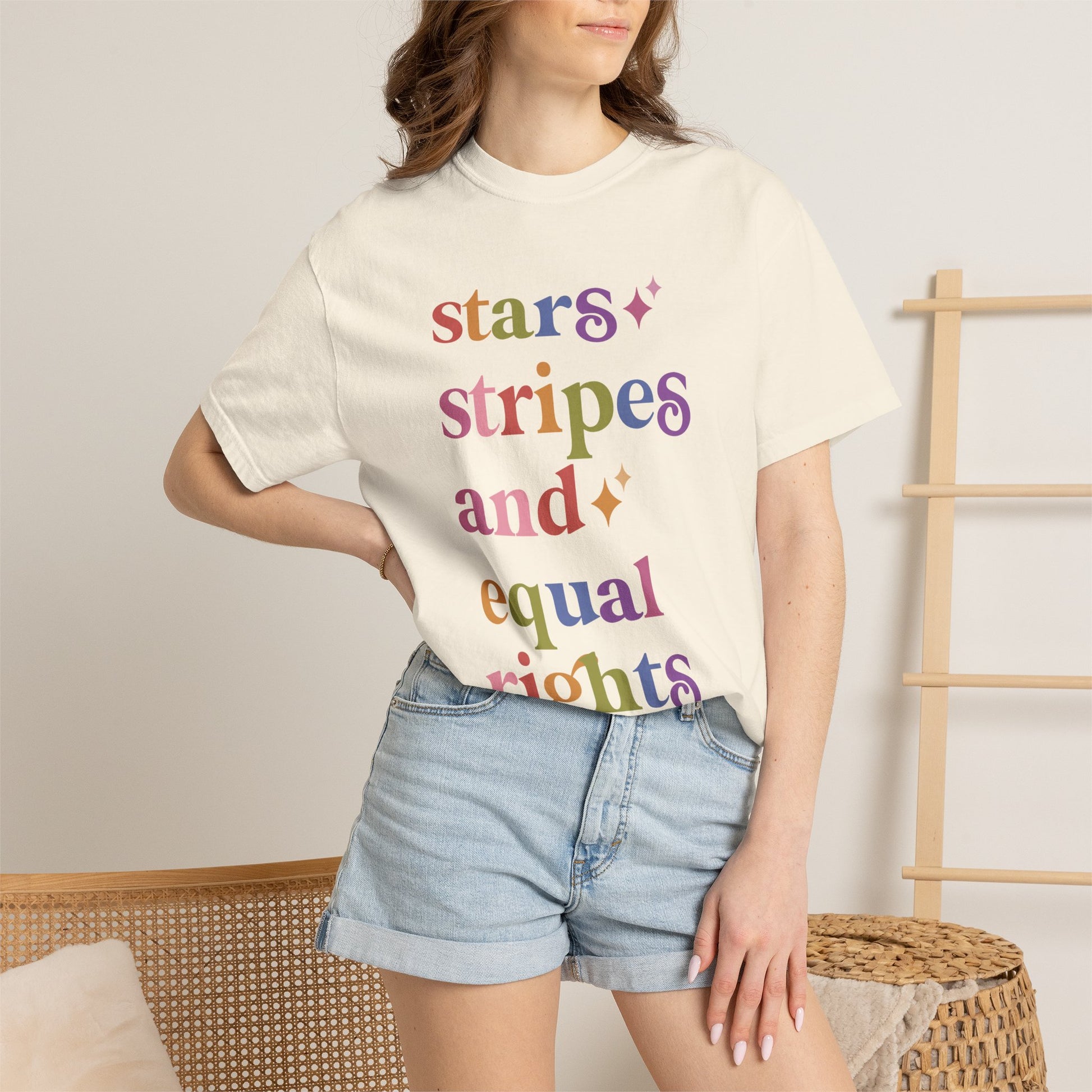 Stars Stripes and Equal Rights Care & Resist rainbow Comfort Colors tee