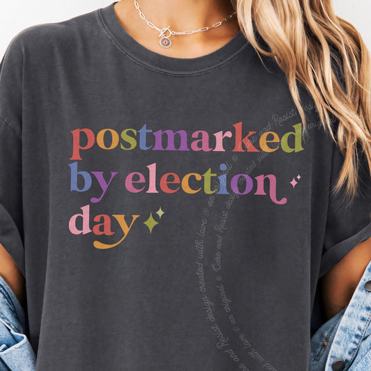 Postmarked By Election Day Care & Resist progressive t-shirt in Graphite