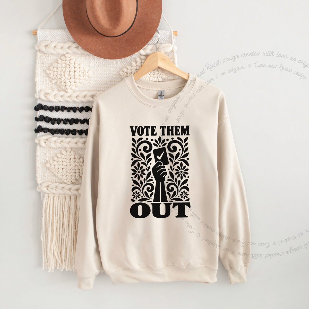 Vote Them Out Ballot Stencil Care & Resist Gildan crewneck sweatshirt in Sand