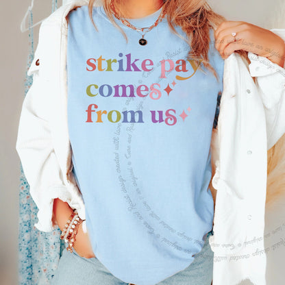 Strike Pay Comes From Us Care & Resist progressive t-shirt in Chambray