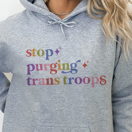Stop Purging Trans Troops Care & Resist Gildan hoodie in Sport Grey