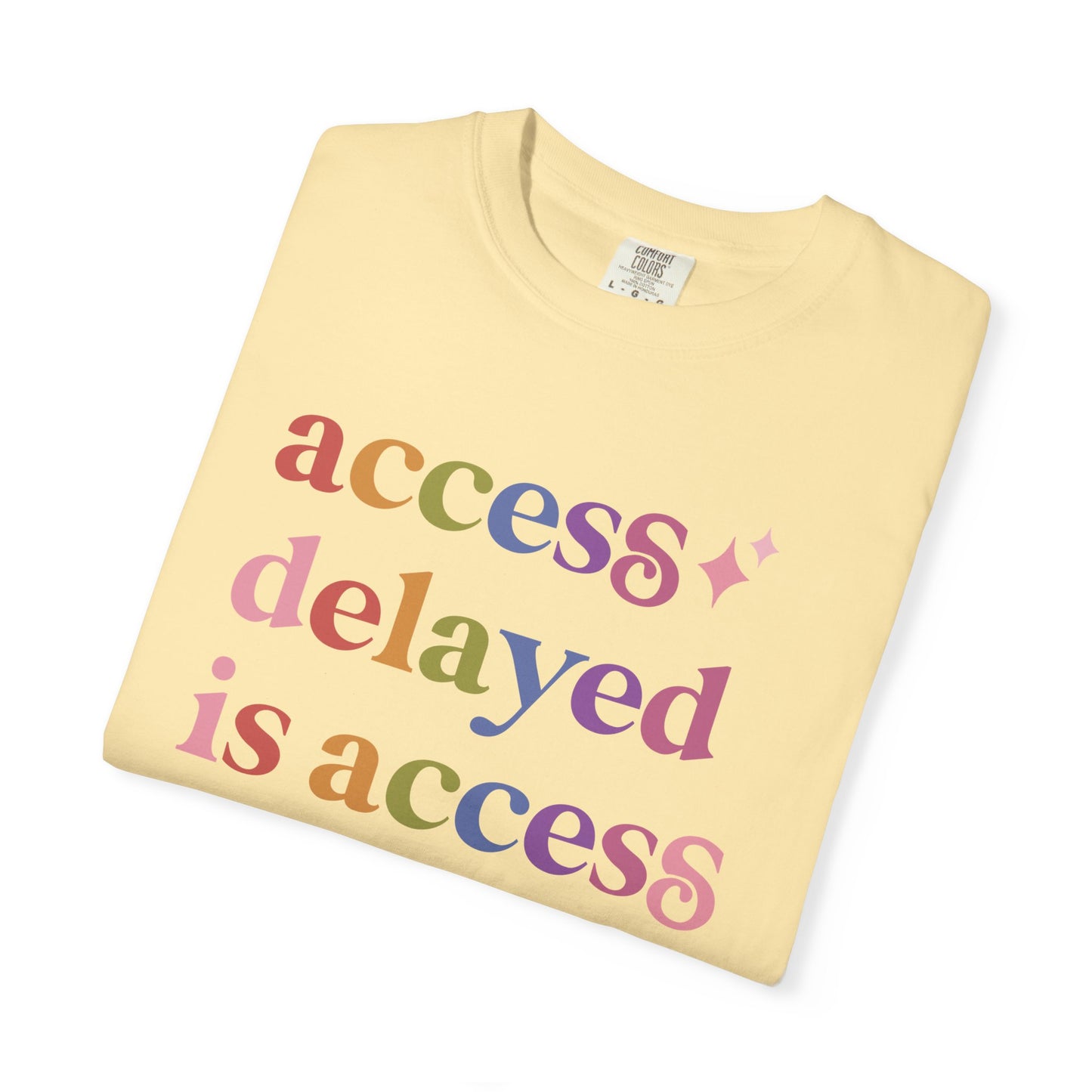 Access Delayed is Access Denied Care & Resist rainbow Comfort Colors tee