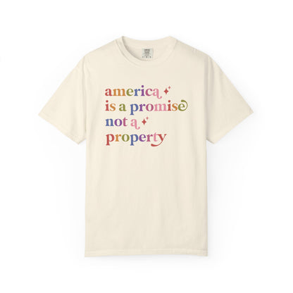 America is a Promise not a Property Care & Resist rainbow Comfort Colors tee