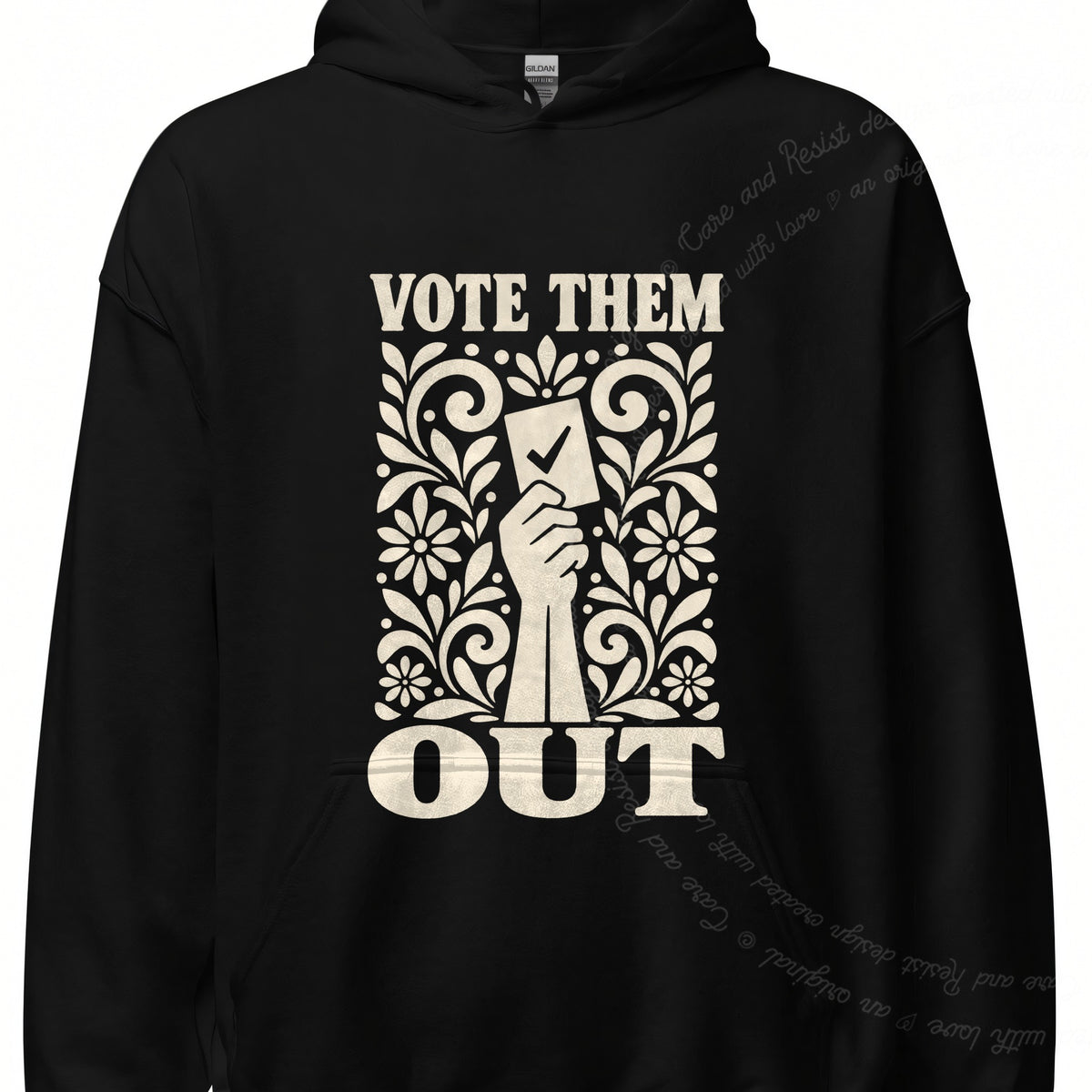 Vote Them Out Ballot Linocut Care & Resist Gildan hoodie in Black