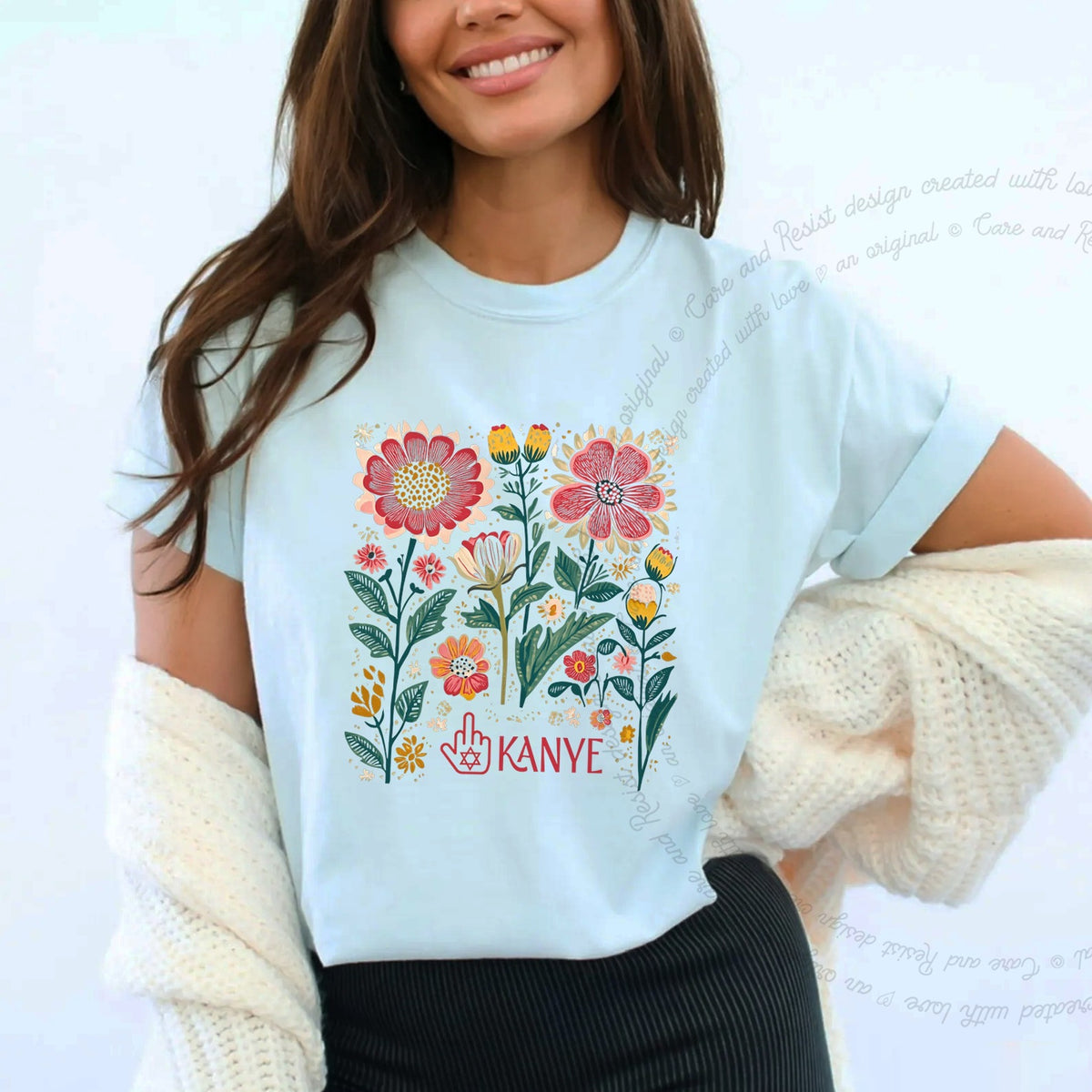 Middle Finger Kanye Care & Resist progressive t-shirt in Chambray