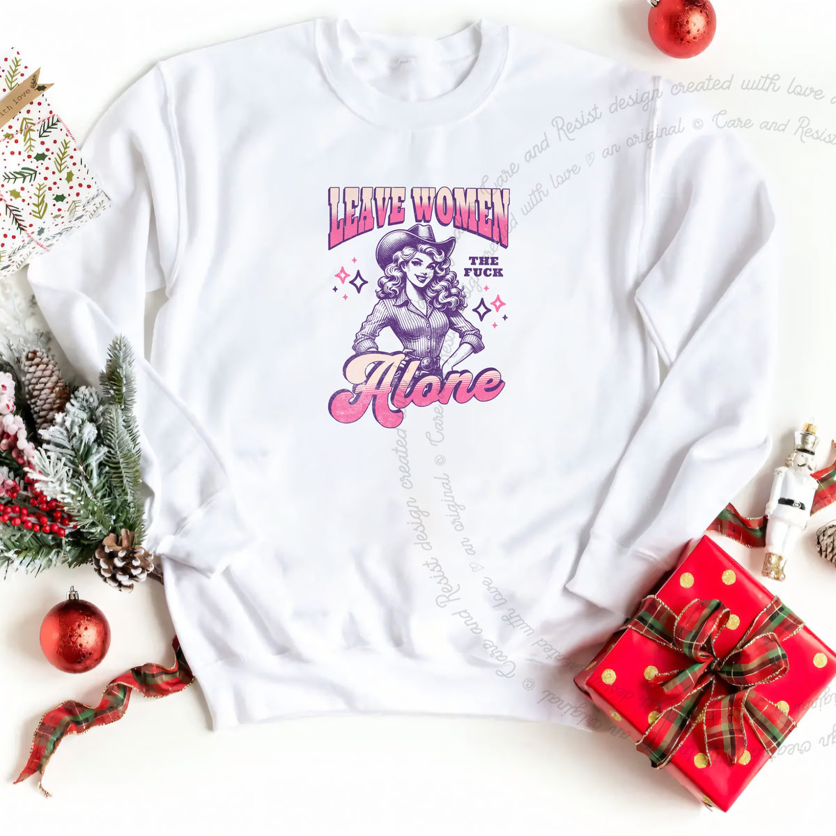 Leave Women the Fuck Alone Care & Resist Gildan crewneck sweatshirt in White