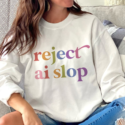 Reject Ai Slop Care & Resist Gildan crewneck sweatshirt in White