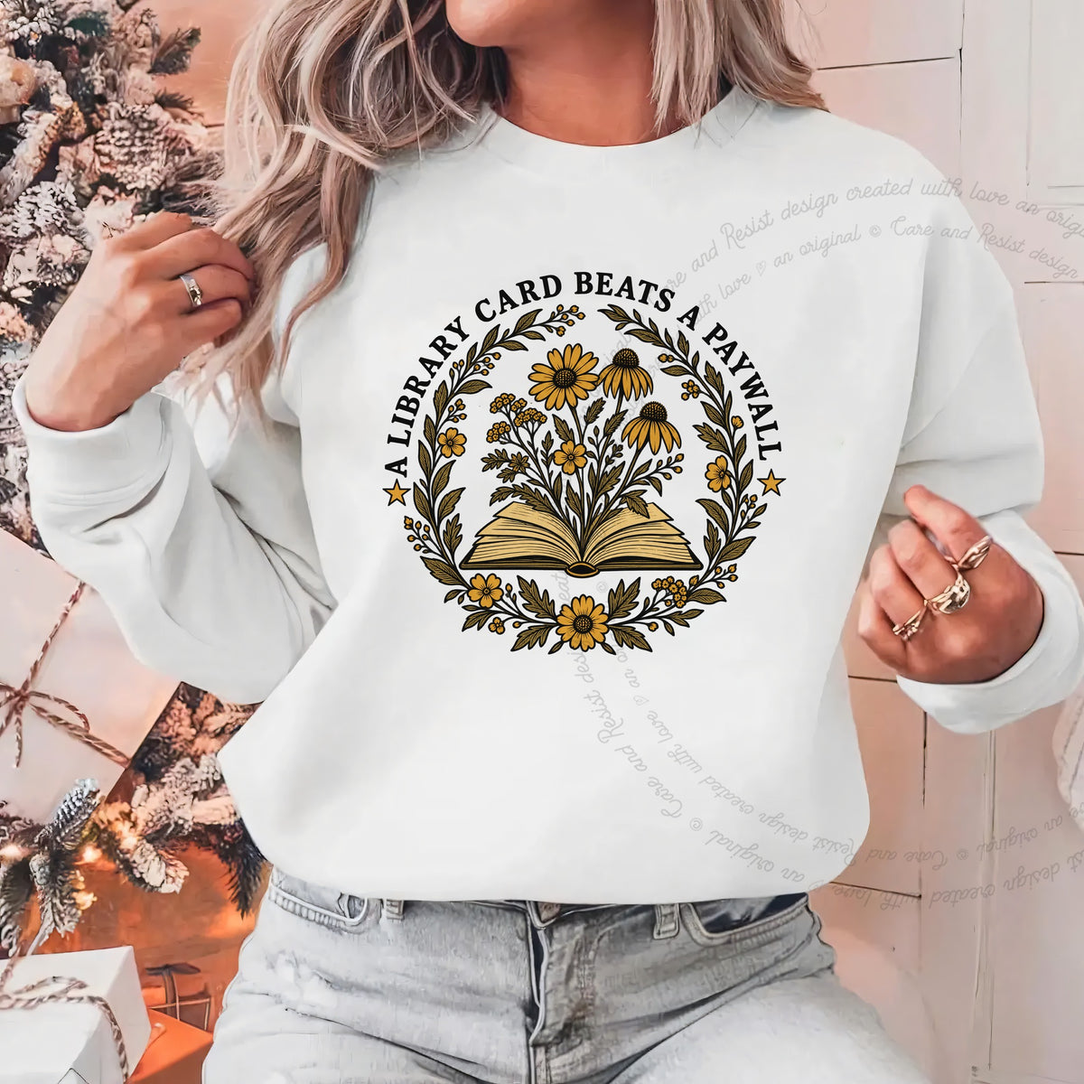 A Library Card Beats a Paywall Badge Care & Resist Gildan crewneck sweatshirt in White