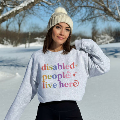Disabled People Live Here Care & Resist Gildan crewneck sweatshirt in Sport Grey