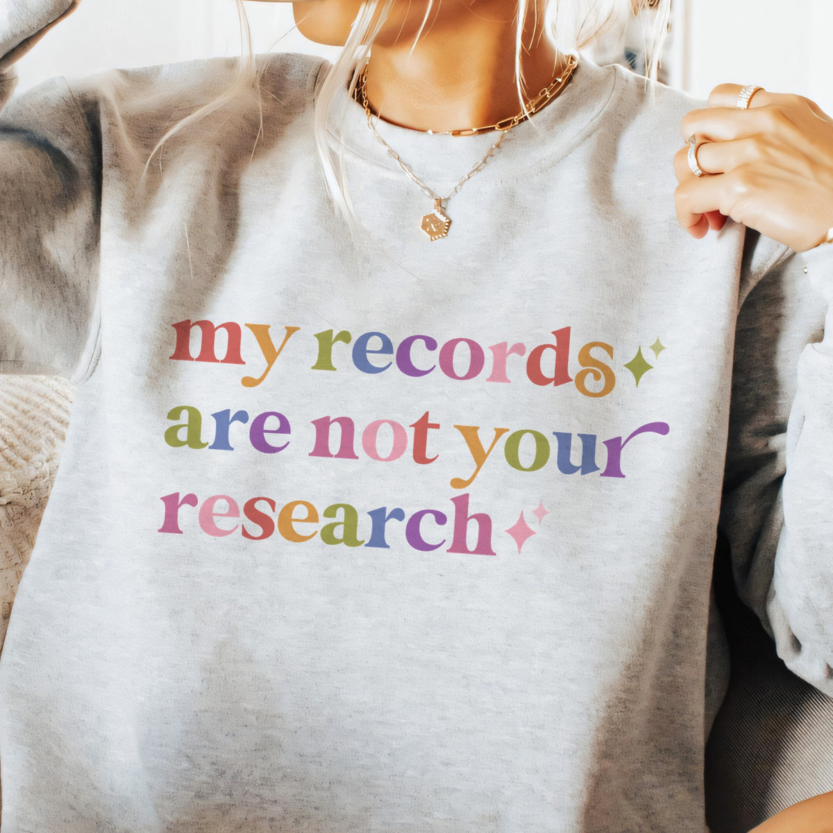 My Records are not Your Research Care & Resist Gildan crewneck sweatshirt in Sport Grey